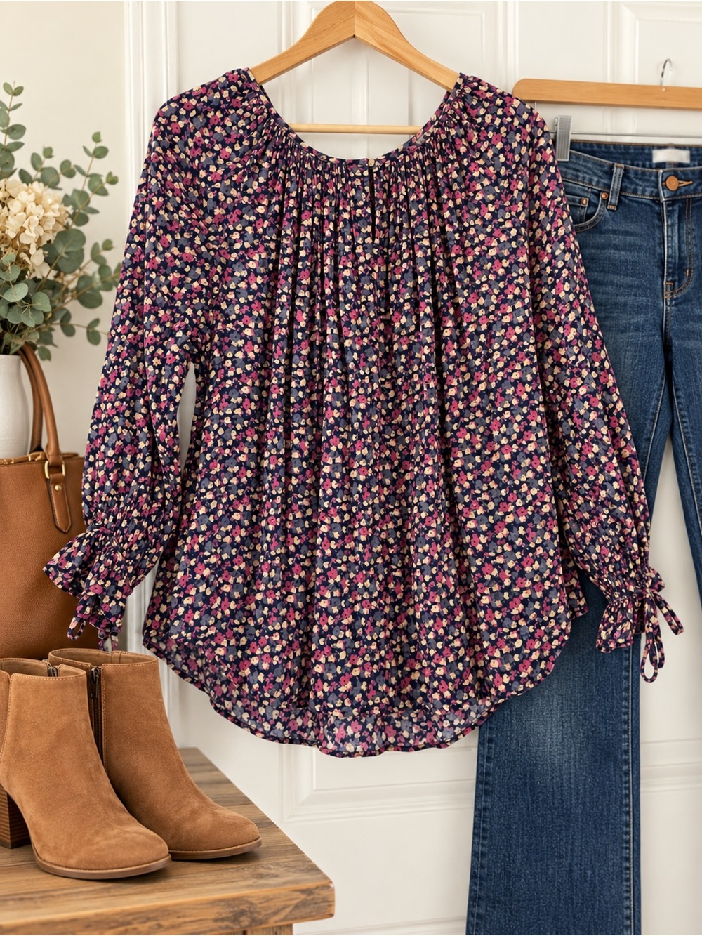 Chaps Navy Floral Tie-Cuff Peasant Blouse